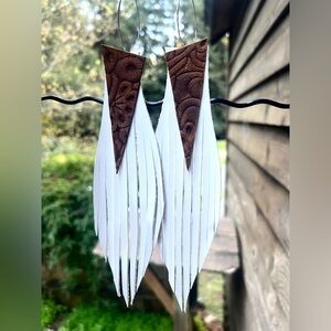 White Fringe Leather Embossed Accent Earrings Coachella Vibes NWT
